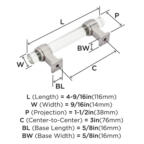 Diagram of Glacio Clear Satin Nickel Cabinet Pull 3 Inch Center To Center, detailed dimensions, 4-9/16 Inch Overall Length, Contemporary Drawer Handle