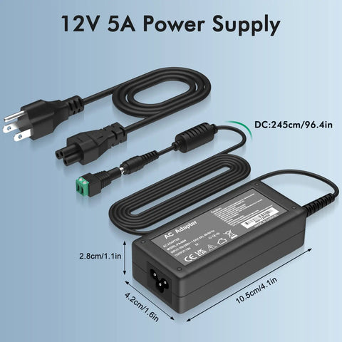12V 5A DC Power Supply For LED Strip Lights, 60W AC to DC Converter with cables and plug, dimensions labeled
