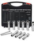 Bonvoisin 12-pc annular cutter set with carbide-tipped mag drill bits, 1/2 in-1-1/16 in dia, Weldon 3/4 in shank, case