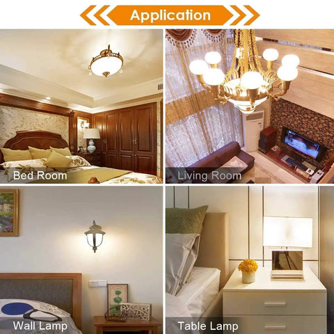 Collage of room applications for 25 Watt Equivalent A15 E26 LED Bulbs Soft White 2700K Cozy Home Lighting