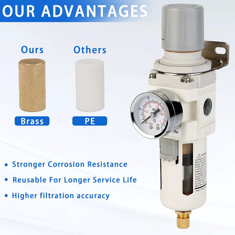 Beefy Three Eighth NPT Compressed Air Filter Regulator Combo With 5 Micron Brass Filter Semi Auto Drain Polycarbonate Bowl