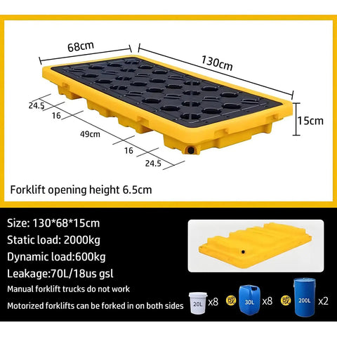 Heavy Duty Spill Containment Pallet For 1 To 4 Drums, Built Tough For Garage And Warehouse Storage Platform, 130 cm x 68 cm