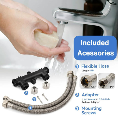 Front view of Watts Premier replacement sensor valve kit with two 12-inch braided hoses and two mounting screws