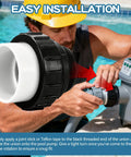 Installation of Beefy High Temperature PVC Unions 2 Inch MIP to 2 Inch Slip Fittings for Pentair Pumps by a pool worker.