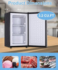 Sleek 3.2 Cu Ft Upright Mini Freezer With Adjustable Removable Shelves And Dope Silver Cabinet, showcasing interior dimensions and food options.