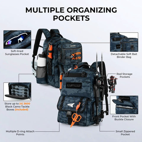 BaitSpace 50L Fishing Tackle Backpack With Removable Bait Binder And Four Tackle Boxes, Two Rod Holders, Interchangeable Storage System, Blue Camo