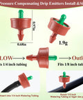 30 Pack 0.25 GPH Pressure Compensating Drippers for 1/4 Inch Tubing showing size and installation on different tubes
