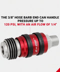 Heavy Duty Five In One Universal Safety Exhaust Quick Connect Industrial Coupler, red and silver design, 3/8 hose barb, 120 PSI, for fast air venting.
