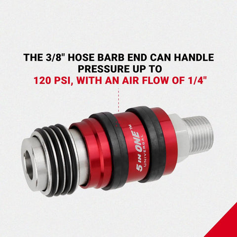Heavy Duty Five In One Universal Safety Exhaust Quick Connect Industrial Coupler, red and silver design, 3/8 hose barb, 120 PSI, for fast air venting.