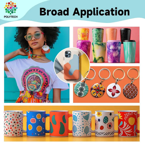 8.5x11 Sublimation Paper 100 Sheets With Thick Coating For Crisp Prints And 30s Quick Dry Heat Transfer Paper For All Sublimation Blanks featured in mugs, phone cases, and coasters display.