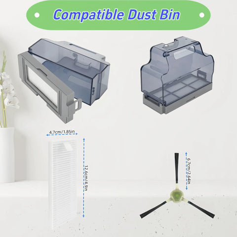 Replacement Side Brush And HEPA Filter Kit For M210 Series Robotic Vacuums with dust bin, filter, and brush sizes shown.