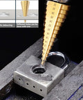 Metric Step Drill Bit Set HSS Cone Bits, 3-Piece, drilling into metal, showcasing 4-32mm size, heavy duty with double groove