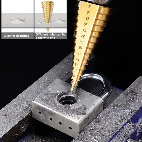Metric Step Drill Bit Set HSS Cone Bits, 3-Piece, drilling into metal, showcasing 4-32mm size, heavy duty with double groove