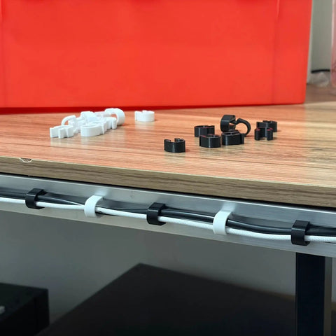 2020 Series Cable Clips Pack For EU Standard Aluminum Extrusion, 20 Black T-Slot Mounts For 6mm Slots, Tool-Free Snap In Cable And Tubing Organizer For 3D Printer DIYers And CNC Makers, shown on extrusion with cables