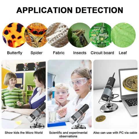 4K Wireless Digital Microscope Handheld HD USB Inspection Camera Endoscope With Stand, 50x To 1000x Magnification, Compatible With iPhone iPad Android Phone Tablet Windows Mac, Live View, Zoom, And Precise Micro Inspections. Application detection for butterfly, spider, fabric, circuits, leaf