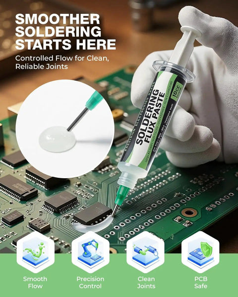 No Clean Rosin Flux Paste And Desoldering Wick Kit for Precise PCB Repairs with syringe applied on PCB for solder flow