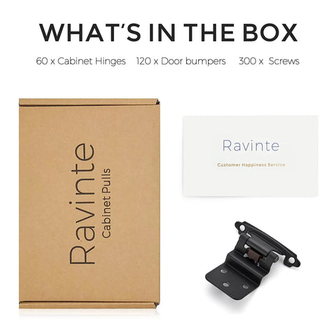 60 Packs 30 Pairs 3/8 Inch Inset Matte Black Cabinet Hinges Self Closing with screws and door bumpers box contents