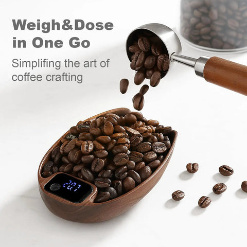 Espresso And Pour Over Coffee Scale With 0.1g Precision, Walnut Wood Rechargeable Kitchen Scale filled with coffee beans