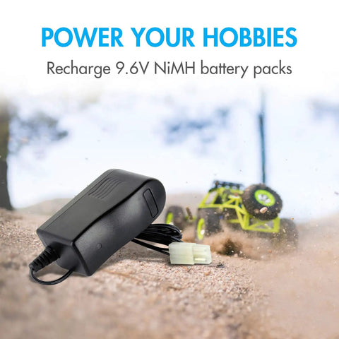 9.6V NiMH NiCd RC Battery Charger With 400mA AC Plug And Standard Tamiya Connector For 8S Packs next to RC car