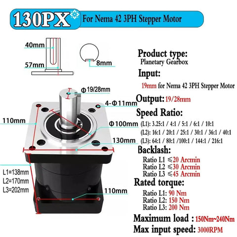 Heavy Duty Planetary Reducer For Nema 23 34 42 Stepper Worm Gear Design, 19mm input, detailed dimensions and specs.