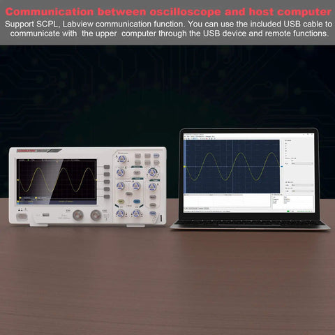 Dual Channel 110 MHz Digital Oscilloscope With 7 Inch TFT LCD Screen, Portable Pro Scope Kit next to laptop displaying waveforms.