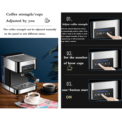 Kickass Semi Automatic Espresso Machine With 20 Bar Pump And Italian Style Frothing Wand For Hella Creamy Cappuccinos Featuring 1.6L Removable Water Tank with touch panel.