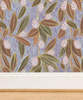Top Shelf Hand Drawn Botanical Vinyl Wallpaper Featuring Subtle Leather Texture. Close-up of purple, dotted floral pattern.