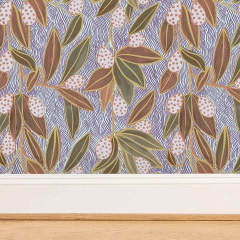 Hand Drawn Botanical Wallpaper With Slick Matte Linen Finish Top Shelf Durable Wall Covering Hella Easy To Install Legit Pvc Free Paste To Paper Decor For Kitchens And Hallways featuring purple floral pattern.