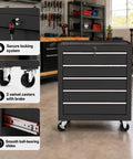 Heavy Duty Steel Rolling Tool Chest With Smooth Glide Wheels And Lockable Five Drawer Mobile Cart showing lock, casters, and ball-bearing slides.