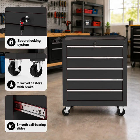 Heavy Duty Steel Rolling Tool Chest With Smooth Glide Wheels And Lockable Five Drawer Mobile Cart showing lock, casters, and ball-bearing slides.