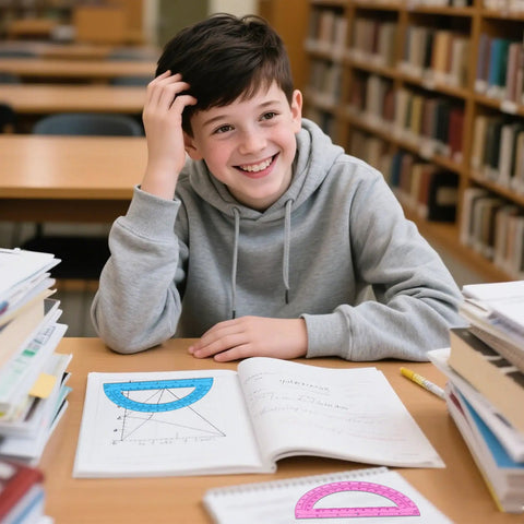 Student in library using Clear 6 Inch Protractor Set Of 2 For Geometry Classrooms And Offices, smiling with workbook open