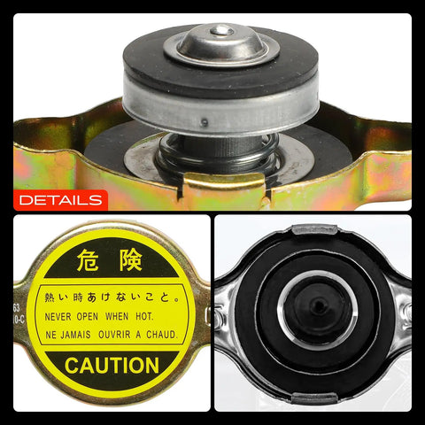 Radiator Cap Cover Universal Fit For All Kinds Of Cars And SUVs For Your Ride with safety warning, top and bottom views
