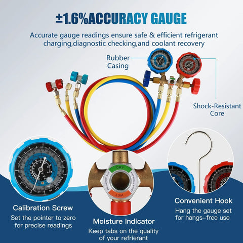 PB Motor TECH 3-way AC manifold gauge set with blue and red dial gauges and multicolor hoses