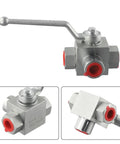 Three Way High Pressure Ball Valve Carbon Steel Manual Tee For Water Oil Gas BSP Thread 500 Bar Working Pressure G1/4 To G3/4 Size G3/8 Heavy Duty Industrial Fittings, manual lever