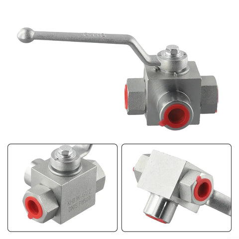 Three Way High Pressure Ball Valve Carbon Steel Manual Tee For Water Oil Gas BSP Thread 500 Bar Working Pressure G1/4 To G3/4 Size G3/8 Heavy Duty Industrial Fittings, manual lever