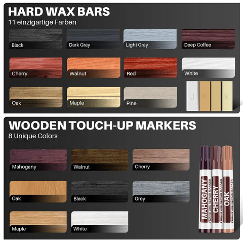 Boss Level Vinyl Floor Repair Kit with Heat Pen and 11 Colors showing hard wax bars and wooden touch-up markers for floor repair.