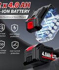 Cordless Beast Four And A Half Inch Angle Grinder With Brushless Motor, showing 2x 4.0Ah batteries with safety features in red