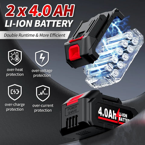 Cordless Beast Four And A Half Inch Angle Grinder With Brushless Motor, showing 2x 4.0Ah batteries with safety features in red