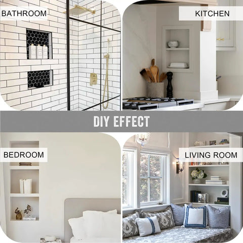 DIY Effect showing Shower Niche Tile Ready Organizer Set 32 By 20 Inches With 16 By 20 Single and Double Shelf in different room settings.