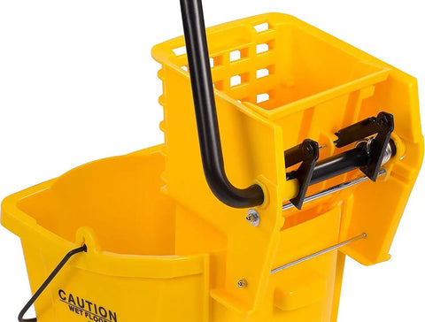 Close-up of Commercial Mop Bucket With Side Press Wringer 26 Quart Capacity Heavy Duty Polypropylene in yellow.
