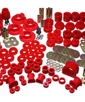 Heavy Duty Polyurethane Master Bushing Set Complete Chassis Suspension Overhaul Kit with red polyurethane components and metal hardware.