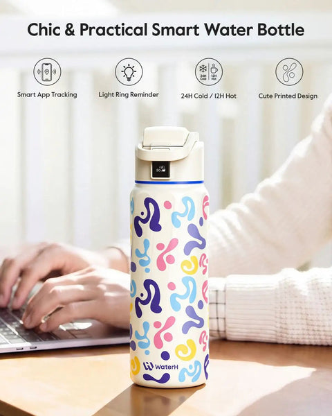 32 Oz Smart Water Bottle Hydration Tracker With Gentle Drink Alarms And Heavy Duty Insulation Keeps Drinks Bone Cold For Hours Ideal For The Daily Grind And Health Hustles To Help You Lock In Your Sips And Chase Wellness Wins Effortlessly in a colorful design on a desk.