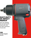Heavy-duty air impact wrench with pistol grip design, 1/2-inch size, suitable for automotive repairs and tire changes.