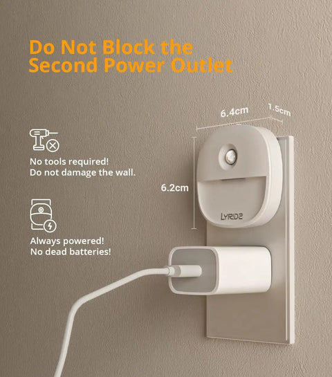 Plug In Night Light With Motion Sensor And Dusk To Dawn Sensor Dimmable Warm Nightlight shown on wall outlet with measurements.