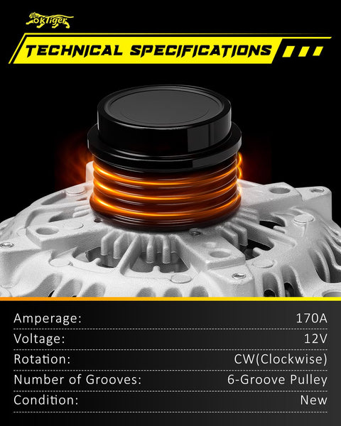 Close-up of Upgraded 170A 12V Alternator With 6-Groove Decoupler Pulley For Chevy Silverado 1500 2014-2018 4.3L 5.3L 6.2L Camaro