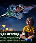 Foam Remote Control Airplane With Lights For Kids And Adults Blue Body flying at night with child holding controller
