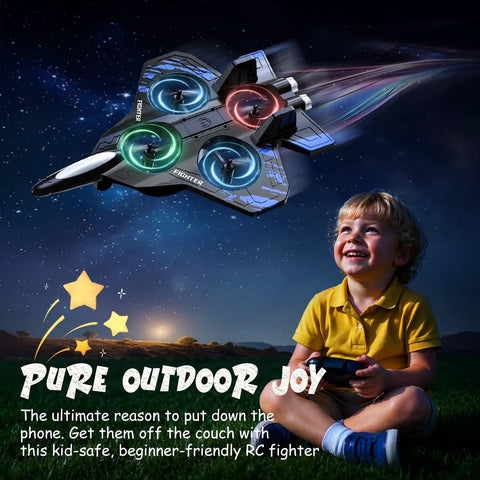 Foam Remote Control Airplane With Lights For Kids And Adults Blue Body flying at night with child holding controller