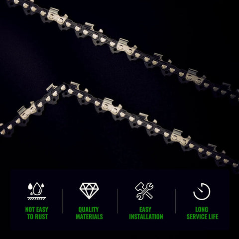 Top Tier 18 Inch Chainsaw Guide Bar And Replacement Chain Featuring 72 Drive Links With 0.325 Low Profile Pitch And 0.058 Gauge showing chains with quality materials.