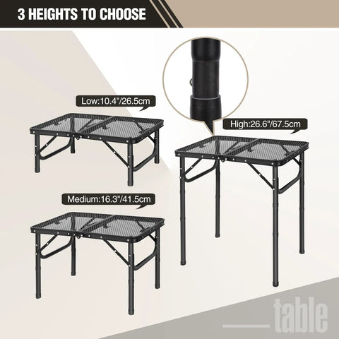Small Folding Grill Table For Outdoors With Three Adjustable Heights Lightweight Portable Aluminum Camp Table For Camping Picnics BBQ Black 24 By 16 Inches