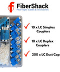 LC Fiber Optic Connector Kit With 10 Duplex LC Couplers, 10 Simplex LC Connectors, 200 LC Dust Caps in organizer case